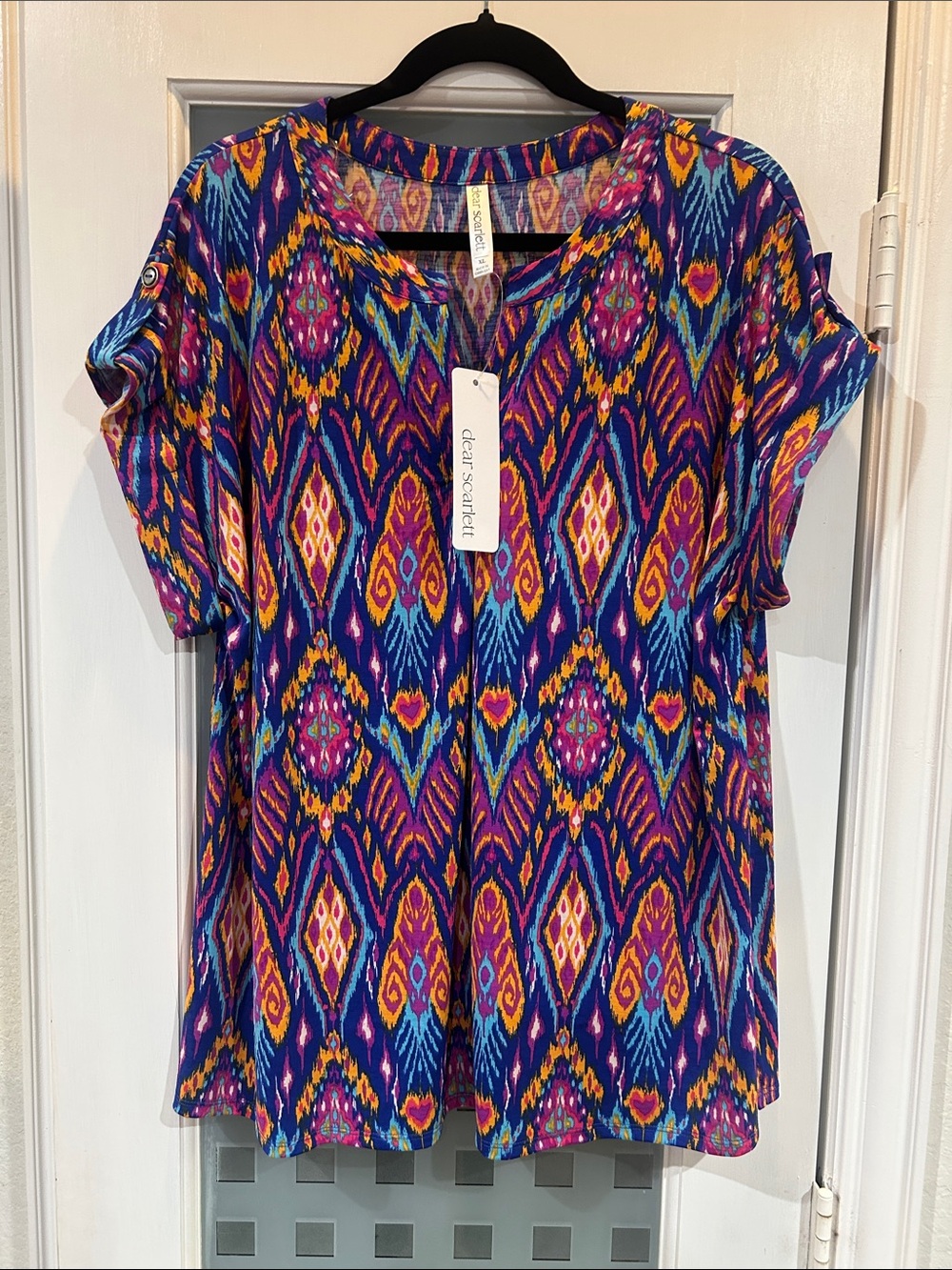 Clear Scarfet Purple Ikat Short Sleeve Tunic Top